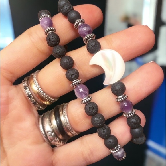 Amethyst moon bracelet . Lava rock genuine mother of pearl moon charm set - Picture 6 of 7